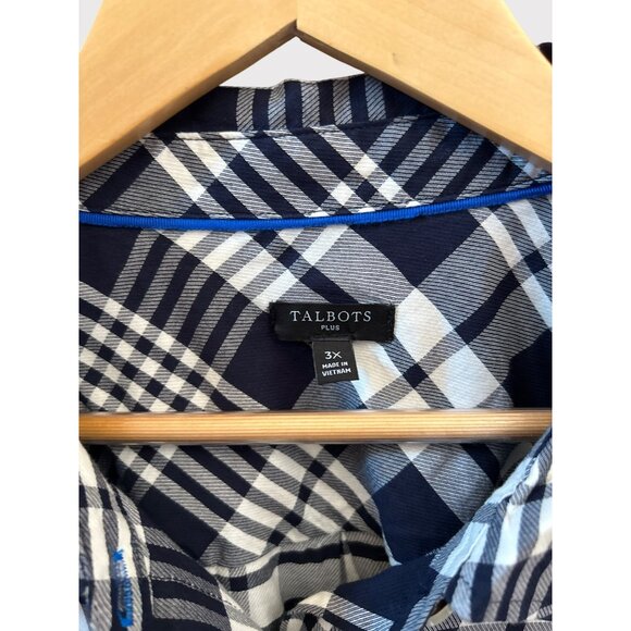 Talbots Plus 3X Navy White Plaid Button Down Shirt New Englander Coastal Chic - Picture 3 of 6